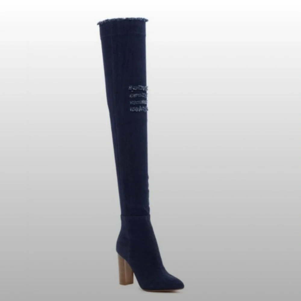 Over The Knee Boots 9 Pointed Toe Distressed Denim Tall Heels Y2K Block Heel